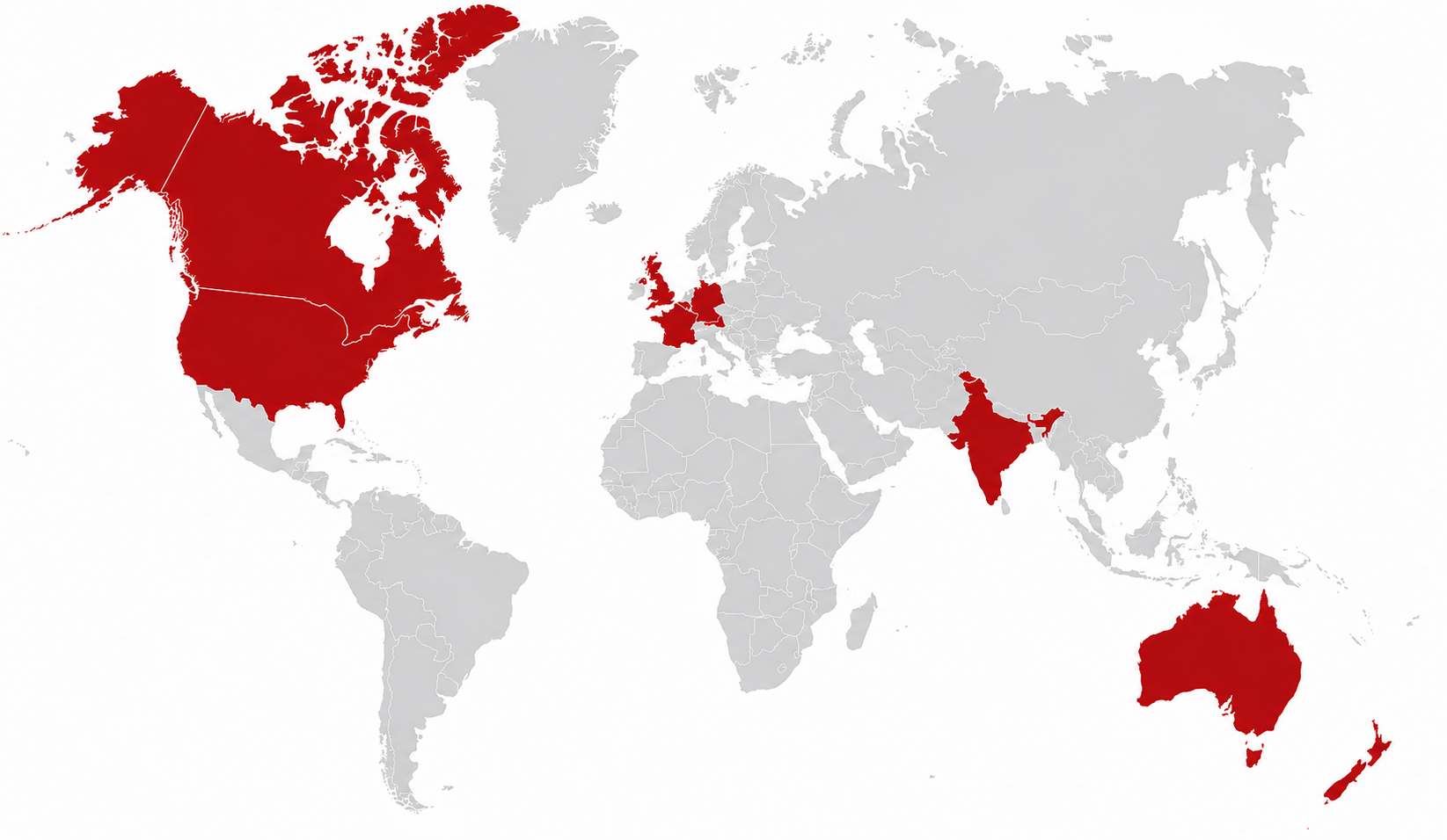 Global Operations Map - India & Canada Hubs, Serving: AU, UK, NZ, CA, US, DE, FR & NY